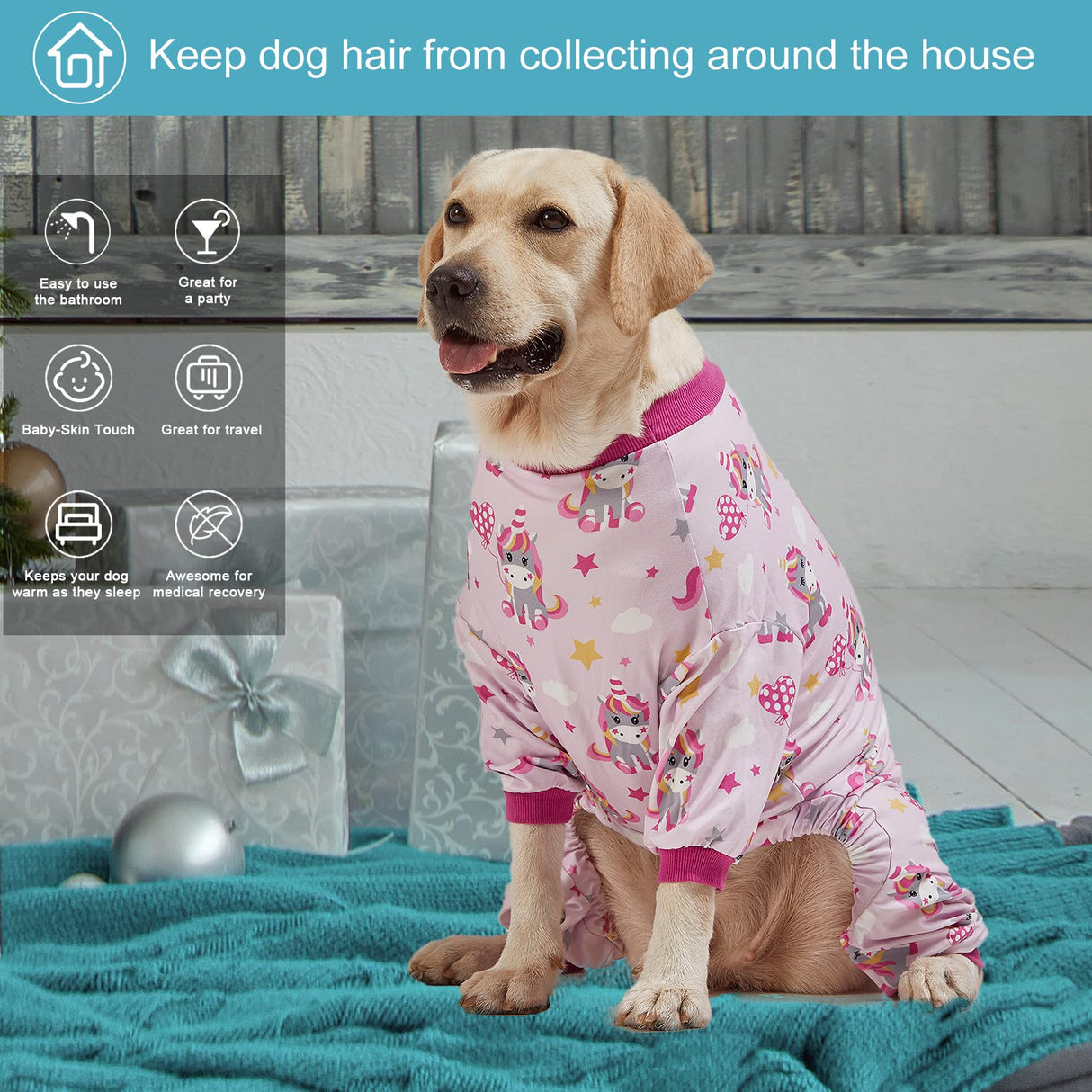 LovinPet Dog Onesies for Large Dogs, Lightweight Stretch Knit, Unicorn Rose Pink Print/Post Surgery Shirt/UV Protection, Pet Anxiety Relief, Wound Care for Large Dog Onesies/L