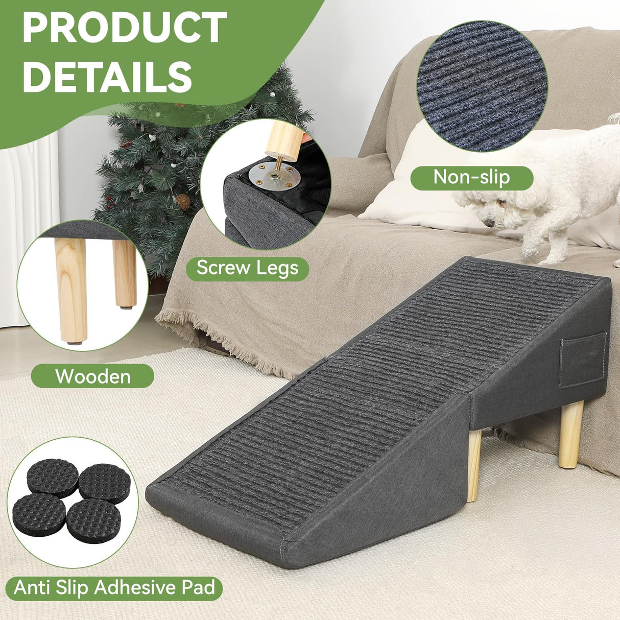 Dog Ramp for Dogs and Cats, 16" W 2-in-1 Split Ottoman Dog steeps for Bed,Solid Wood, Gentle 23 Incline, Foldable Pet Stairs for Large and Small Dogs (Dark Gray)