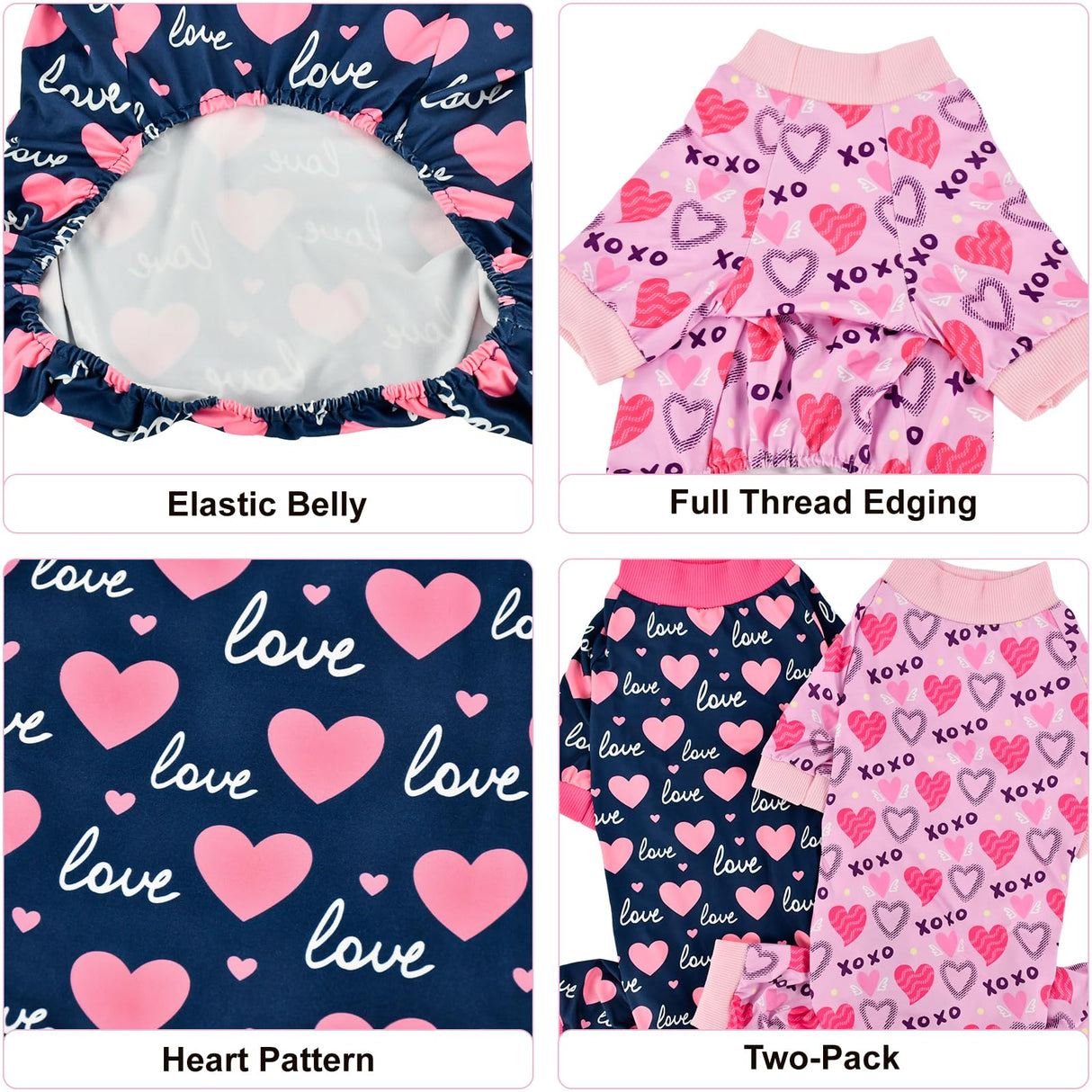 Vehomy 2-Pack Dog Valentines Pajamas Valentine's Day Dog Costume Outfit with Love Heart Patterns Pet Valentines Onesie Jumpsuits Sweet Heart Clothes Jammies for Medium Large Dogs XL