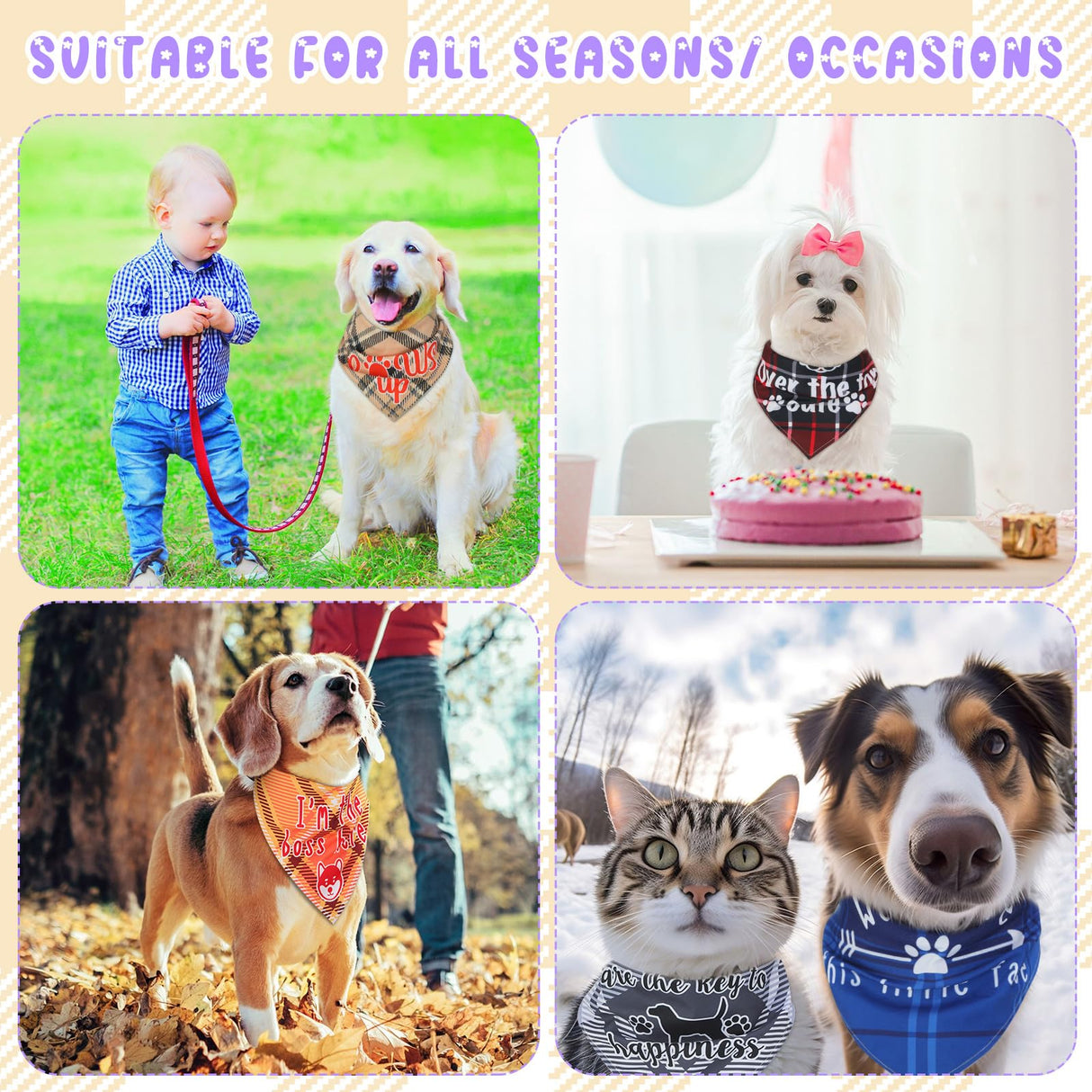 Sweetude 100 Pcs Plaid Dog Bandanas Bulk Paw Print Dog Scarf Bibs Puppy Pet Bandanas with Captions Adjustable Cat Outfit Washable Triangle Scarf Kerchief for Small to Medium