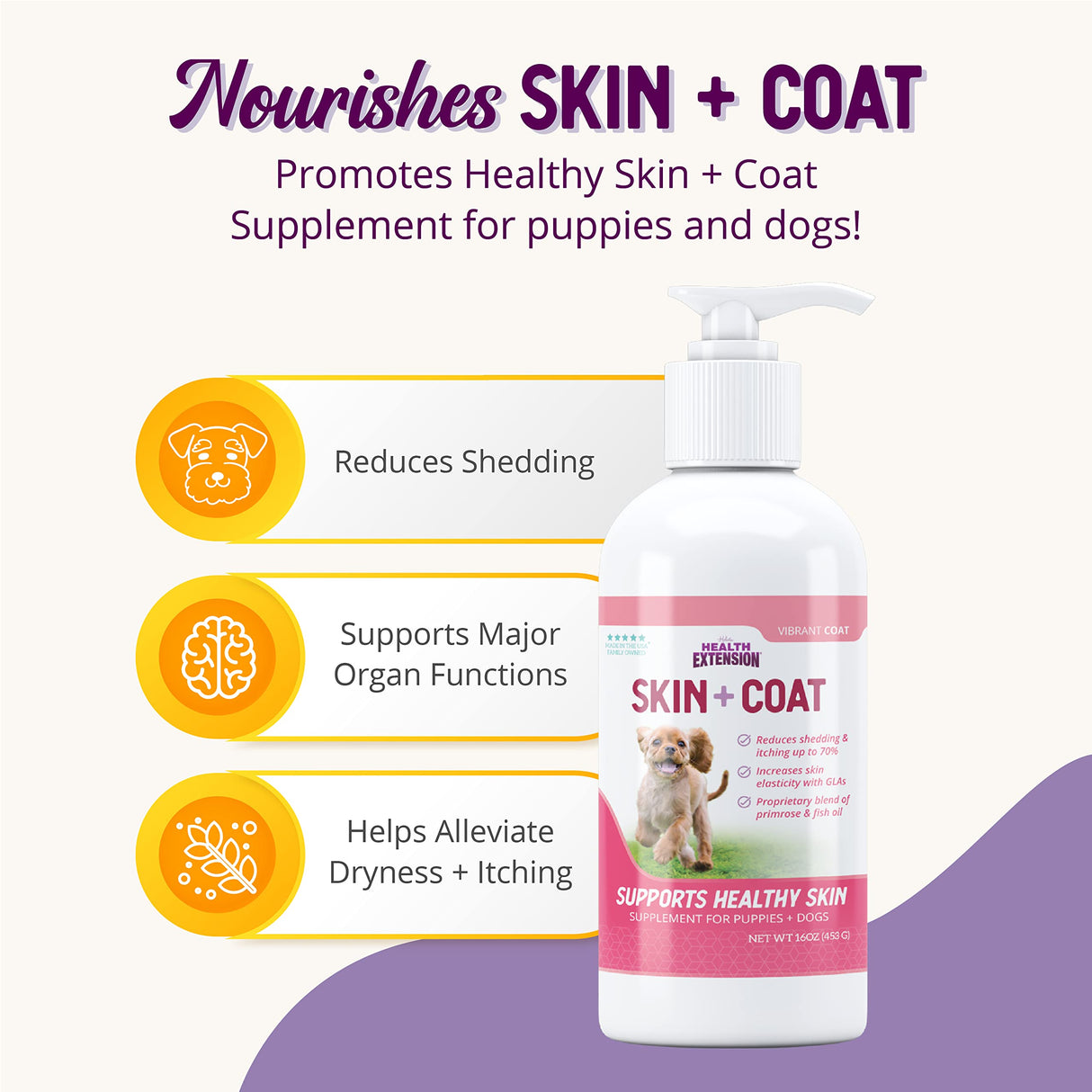Health Extension Skin & Coat Supplement for Dogs & Puppies, 16oz - Omega 3 & 6 Rich Formula for Healthy Skin & Shiny Coat, Reduces Shedding & Itching