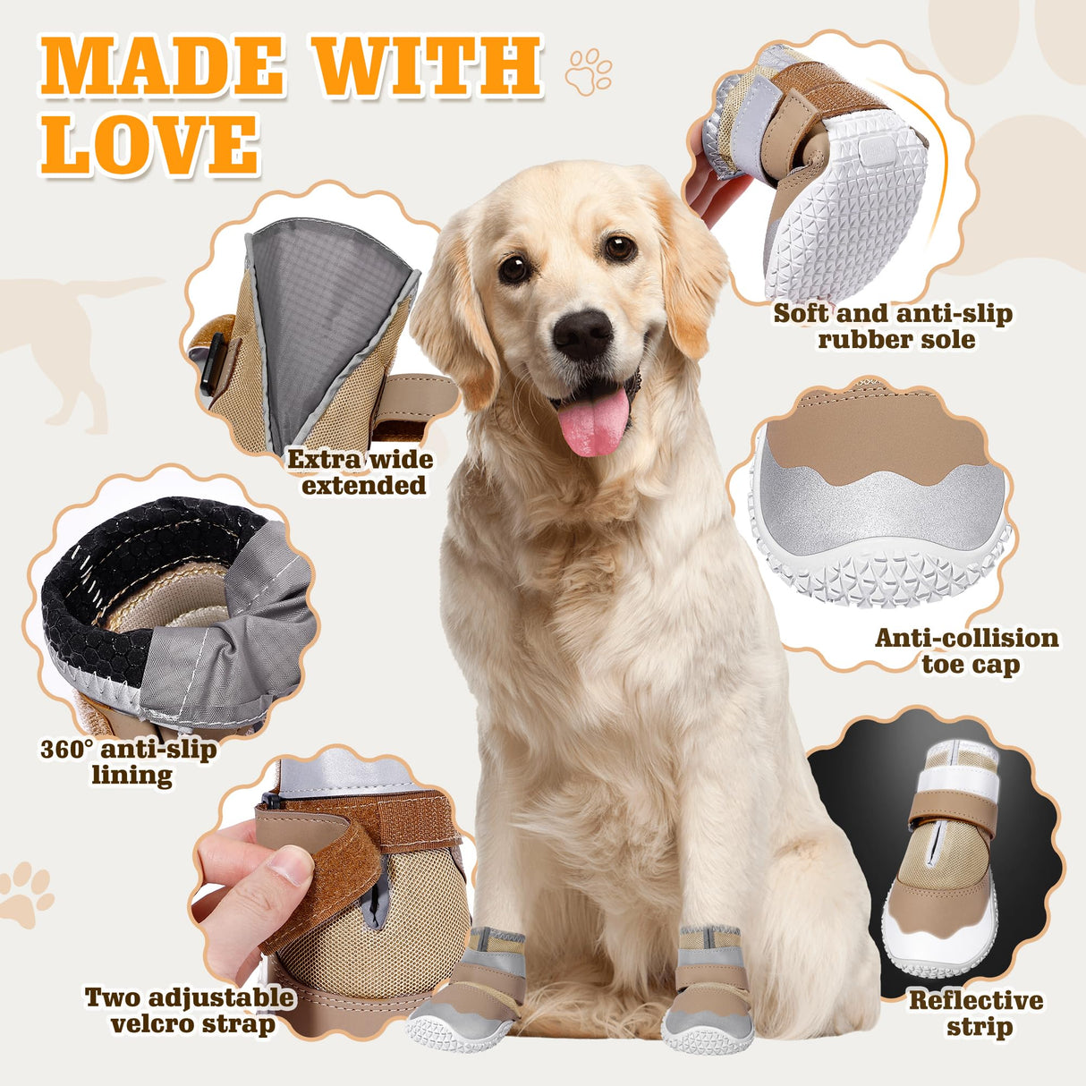 DcOaGt Dog Shoes Small Size Dogs,Mesh Breathable Dog Boots & Paw Protectors for Hot Pavement Summer Winter Snow, 360°Anti-Slip Dog Booties with Reflective Strips for Hiking/Walking,Khaki 4PCS(Size 3)