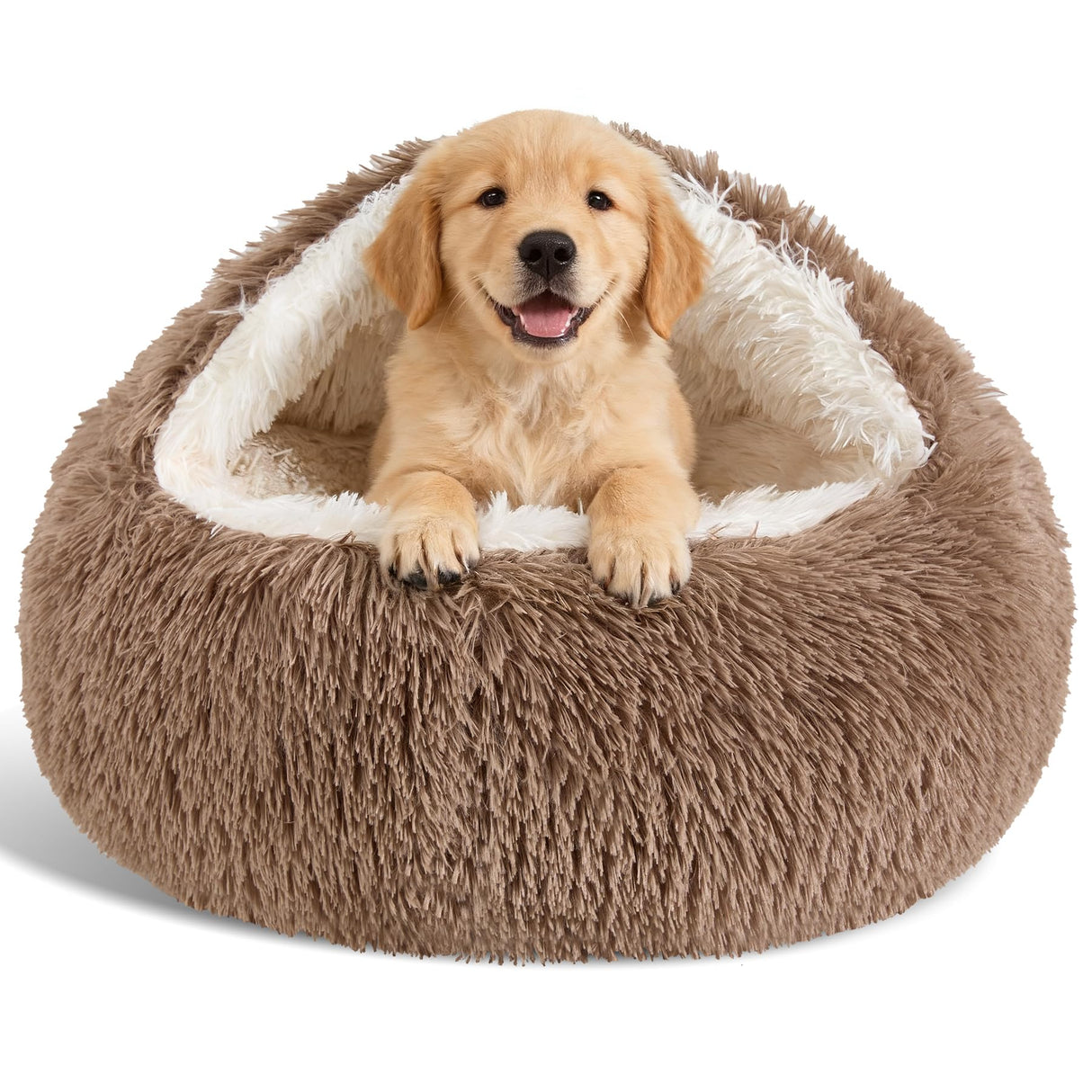 Calming Dog Beds & Cat Cave Bed with Hooded Cover,Removable Washable Round Beds for Small Medium Pets,Anti-Slip Faux Fur Fluffy Coved Bed for Improved Sleep,Fits up to 15/25 lbs(Khaki,M)