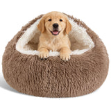Calming Dog Beds & Cat Cave Bed with Hooded Cover,Removable Washable Round Beds for Small Medium Pets,Anti-Slip Faux Fur Fluffy Coved Bed for Improved Sleep,Fits up to 15/25 lbs(Khaki,M)
