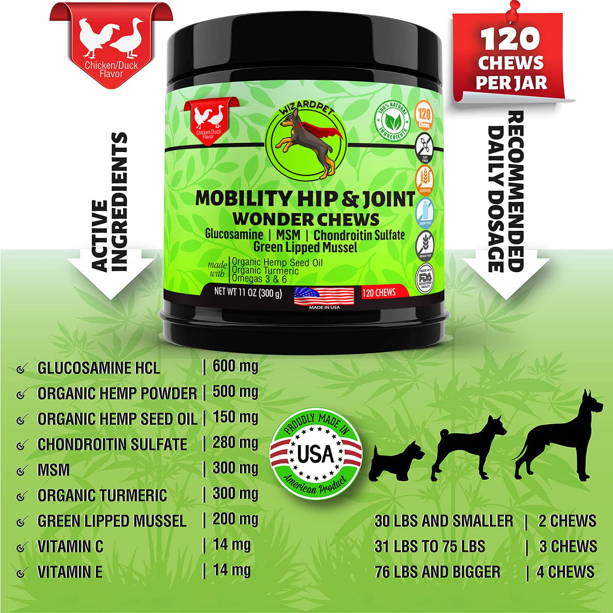 WIZARDPET Advanced Hemp Hip and Joint Supplement for Dogs Hemp Oil Glucosamine Chondroitin for Dog Omegas Turmeric MSM Green Lipped Mussel Made in USA Treats Support Mobility 120 Chews