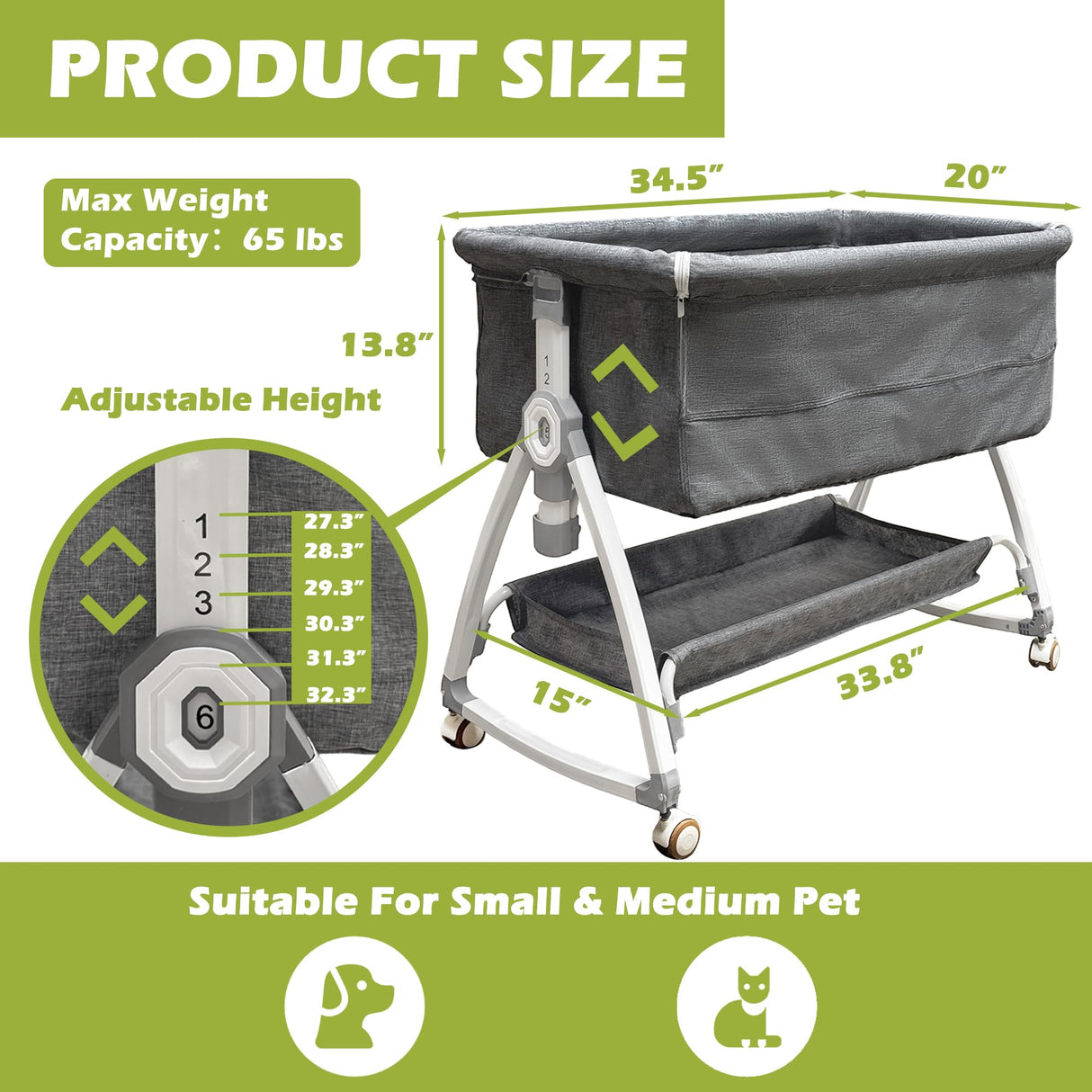 Bedside Cosleeper Dog Bed, Raised Dogs Bed 27''-32'' Adjustable Height, Dog Bed Extension for Human Bed, Bedside Dogs Bed for Small, Medium Dogs(35''L x 20''W)
