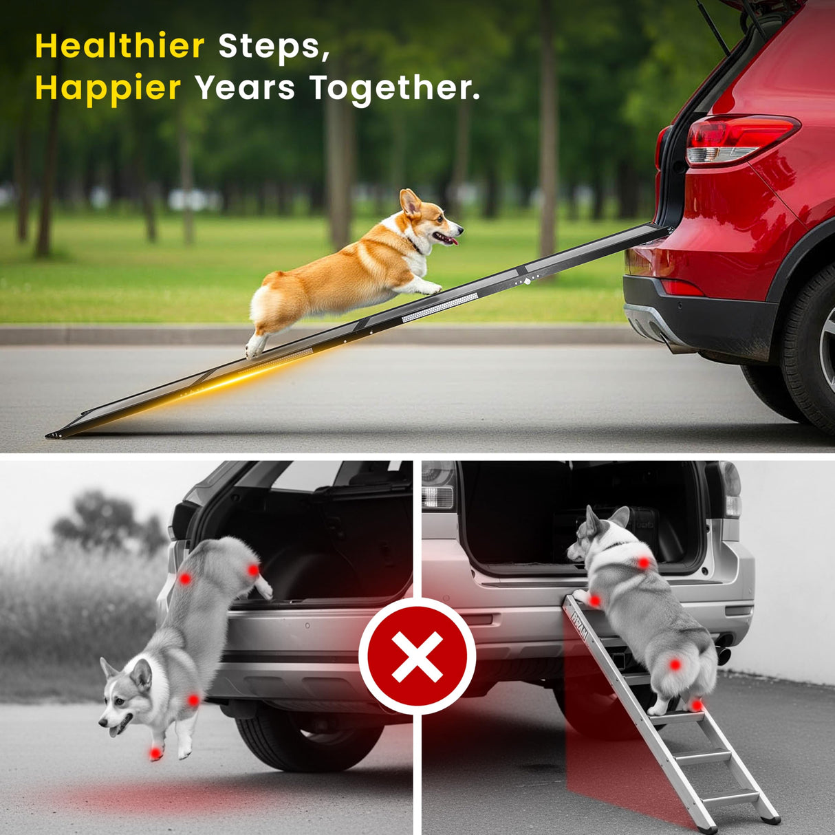 PATHOSIO PETS Portable Dog Ramp for Car – Foldable Dog Car Ramp for Truck, SUV, High Bed & Sofa with Anti-Slip Feet & Traction Carpet – Small to Large Breeds (71" Long & 17" Wide)