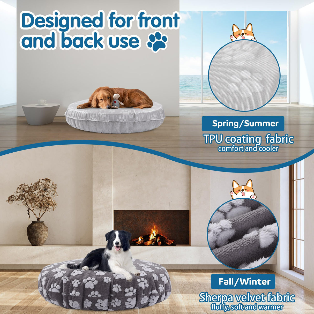 BALAPET Washable Dog Bed Covers Replacement Round Waterproof Bed Cover for Dog Soft Pet Bed Cover with Lovely Dog Paw Print and Double-Sided Usable Design,Cover Only(Dark Gray,45 * 45 * 11in)