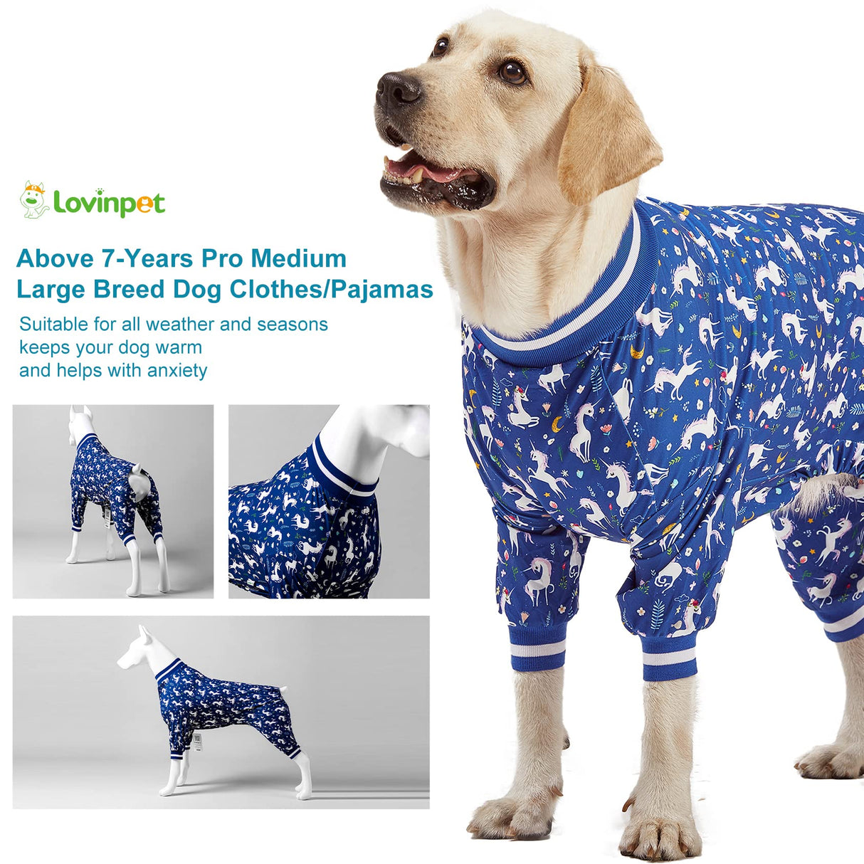 LovinPet Large Dog PJS Clothes: Wound Care/Post Surgery Mastiff Shirt, Lightweight Stretchy Knit Dog Pajamas, Mermaids & Unicorns Blue and White Print, Mastiff Pajamas, Pet PJ's/Medium