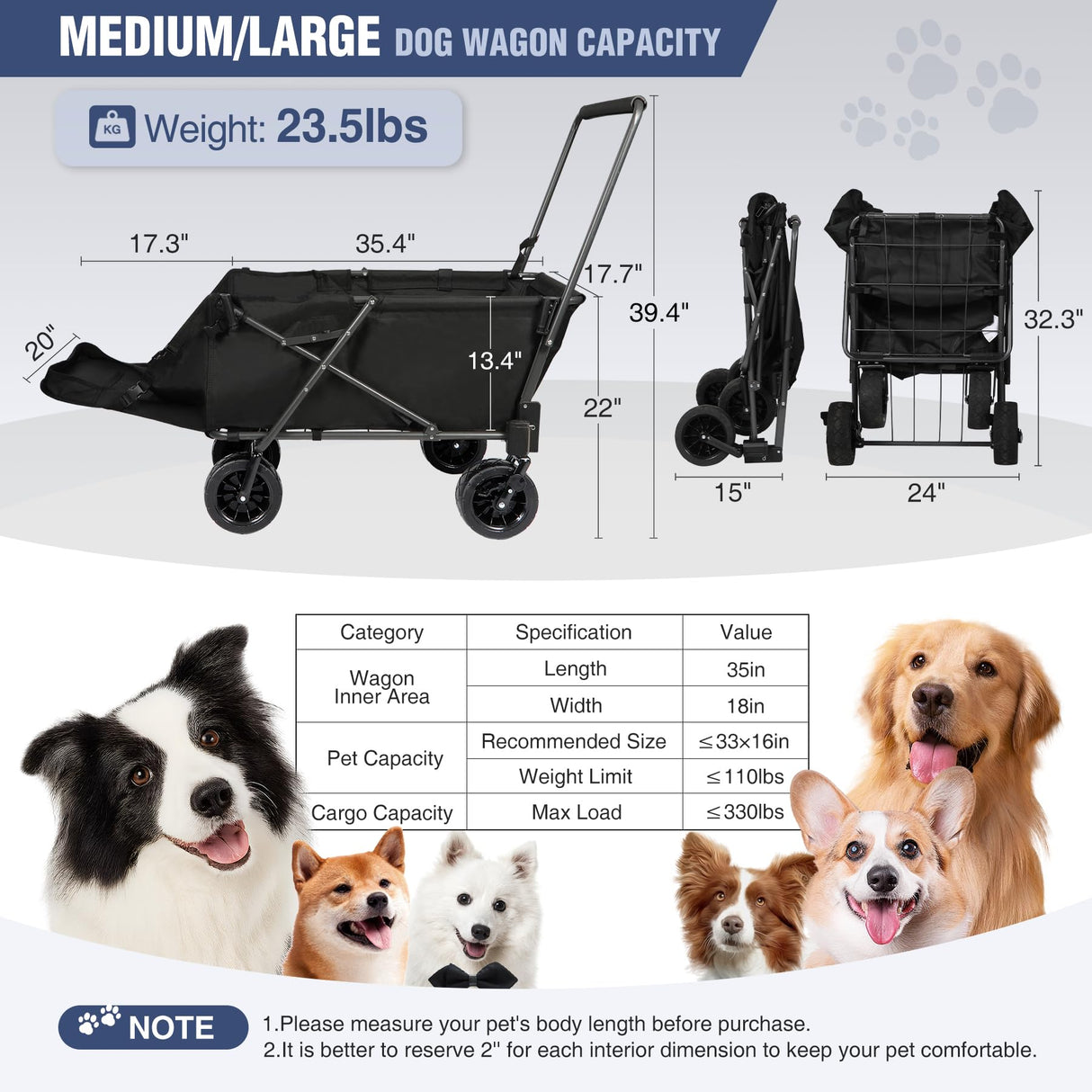 REDCAMP Folding Dog Wagon Cart with Extendable Rear End Heavy Duty, 220L Large Collapsible Utility Cart Dog Stroller with Tailgate for Sports Shopping Pet, Black