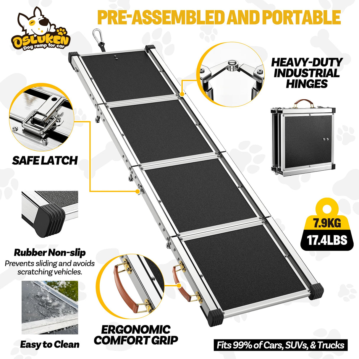 Dog Ramp for Car (200 lbs), Extra L71” W17” Folding Pet Ramp for Large Dogs with with Heavy Duty Hinges, Outdoor Anti-Slip Foldable Dog Car Ramps for SUV Truck Side Door (4 Folded)