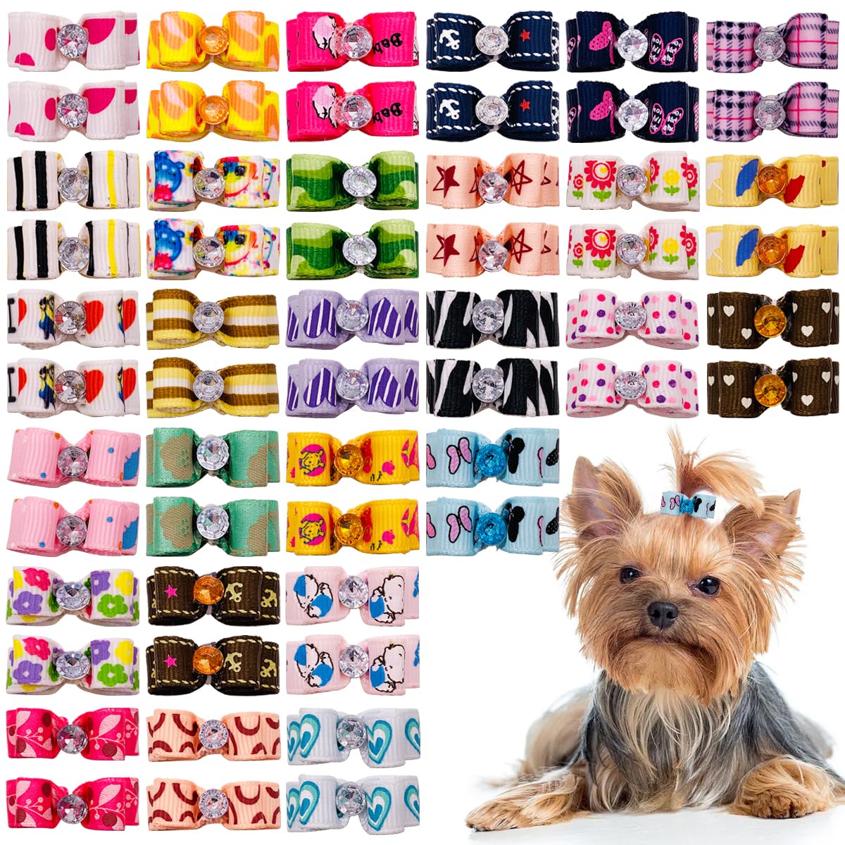 PET SHOW 100pcs Bulk 0.98inch*0.39inch Tiny Small Dogs Hair Bows with Rubber Bands Cat Puppies Yorkie Hair Topknot Grooming Accessories Mixed Matching Colors