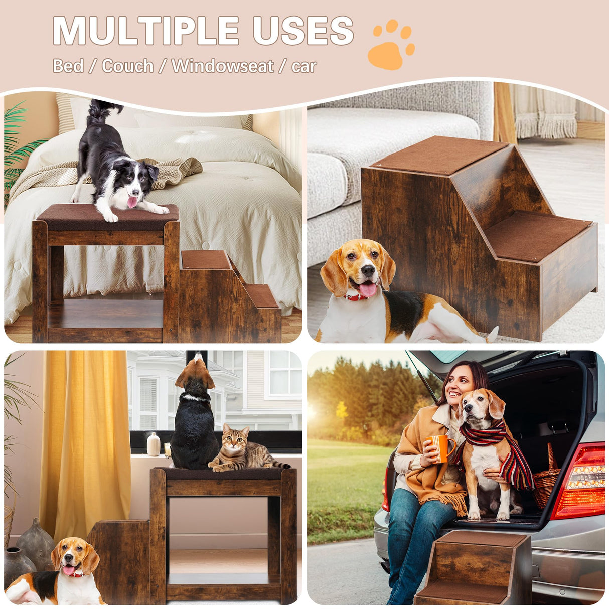 SogesPet Dog Window Perch with Stairs, Large Dog Window Seat for Home with Non-Slip Removable Soft Pads, Indoor Dog Perch to Look Out Window, Pet Window Perch for Dogs with Steps, Rustic Brown