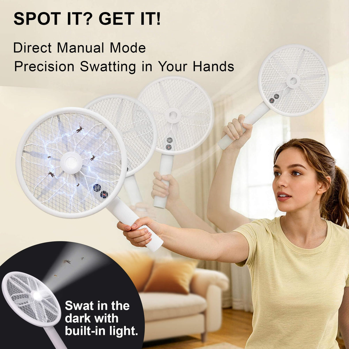 Rotating Head Electric Fly Swatter for Indoors with 16–40" Telescopic Handle, 4000V 2-in-1 UV USB Rechargeable Bug Zapper Indoor Outdoor, Fly Mosquito Zapper Killer Catcher Trap for Ceilings and Walls