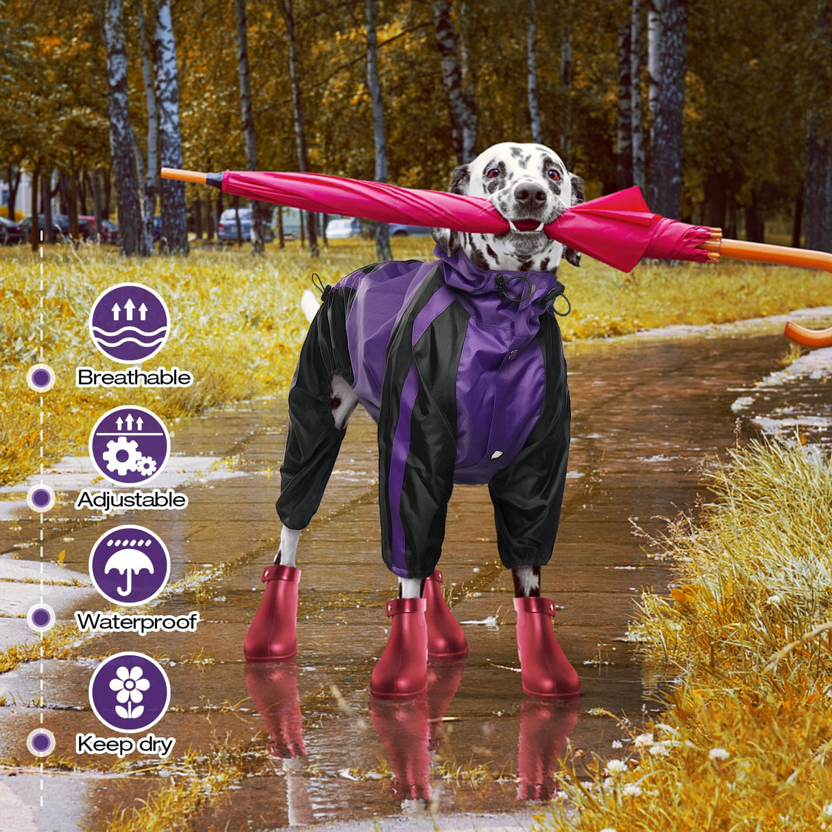 OUOBOB Dog Raincoat, Waterproof Dog Rain Coats for Large Dogs, Lightweight Rain Jacket, Adjustable 4 Legs Pet Poncho with Hood, Snow-Proof Dog Vest Rainwear, Rain Clothes Apparel with Leash Hole