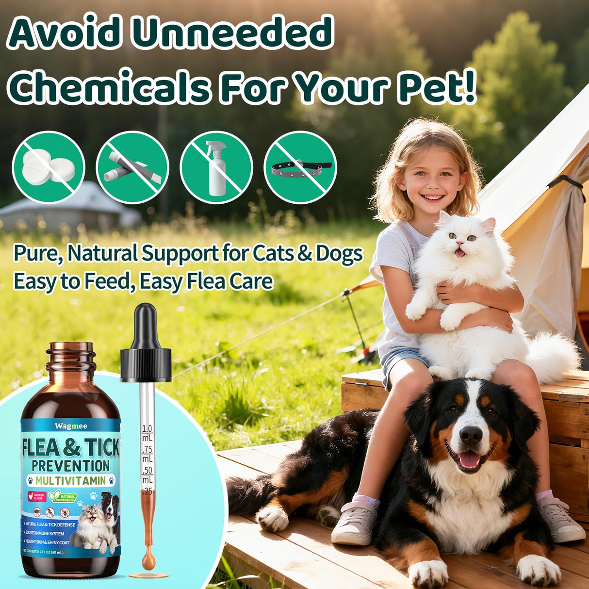 Oral Flea & Tick Support for Dogs and Cats, Natural Flea and Tick Prevention with Multivitamins - Flea Herbal Supplement Drops for Healthy Skin & Shiny Coat Support - All Breeds and Ages - Chicken