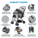 LPOTIUS Lightweight Dog Stroller with Reversible Handle for Medium Small Dogs and Cats, Foldable Pet Stroller Travel Carriage with Large Storage Basket, 4 Wheels, Linen Gray