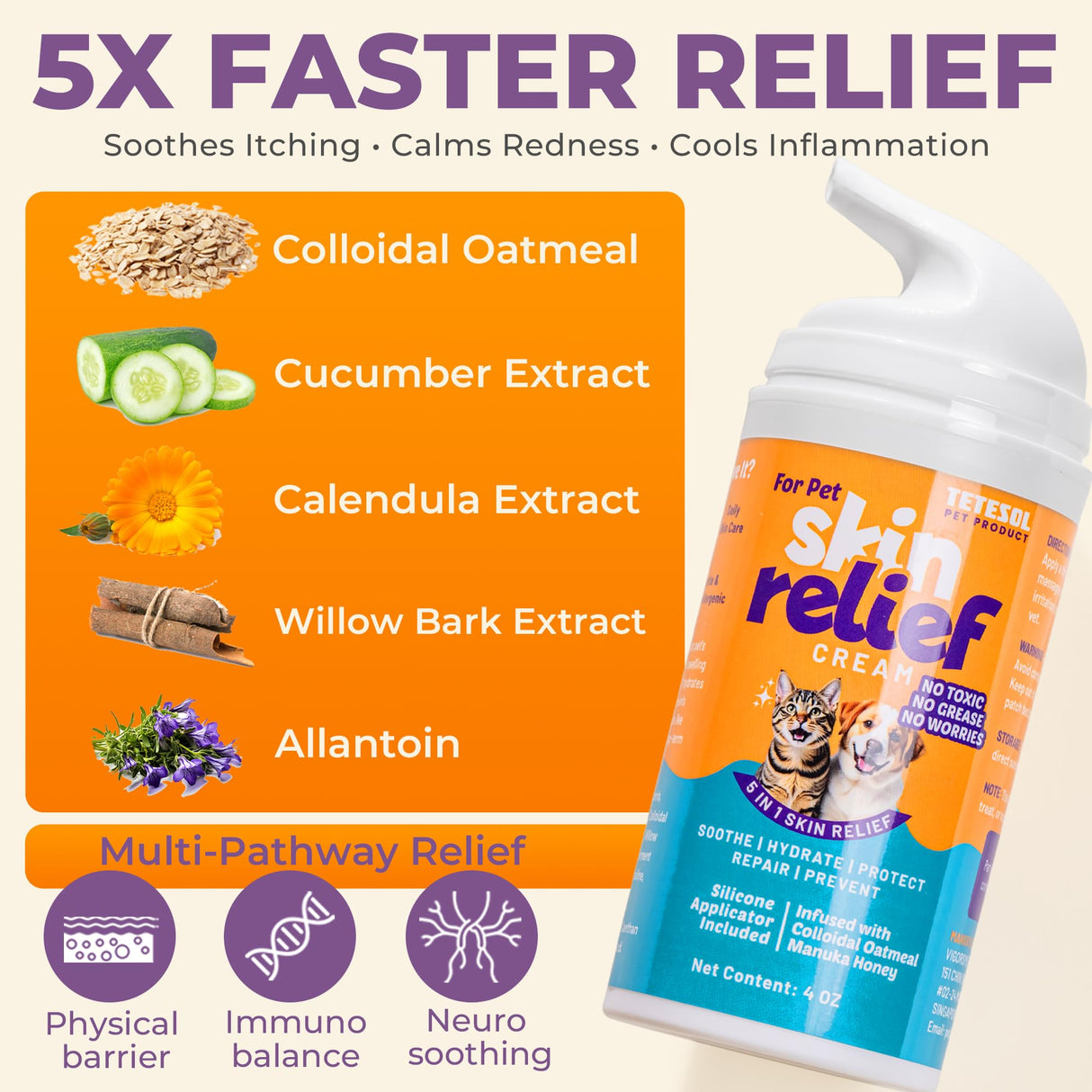 Tetesol Dog Itchy Skin Relief Cream Hot Spot Treatment, Dogs Balm Rapid Healing Dry Itchy Skin with Colloidal Oatmeal Manuka Honey- 100g Lotion with Applicator