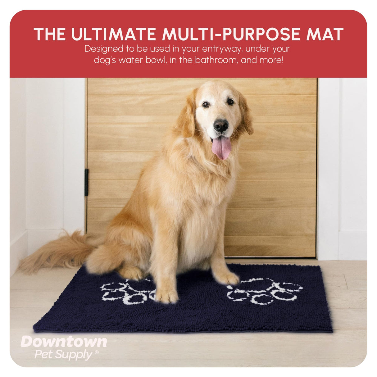My Doggy Place Microfiber Dog Mat for Muddy Paws, 36" x 26" Navy Blue With Paw Print - Absorbent, Quick-Drying, Washer and Dryer Safe - Non-Slip Rubber Backed Pet Cleaning Mat, Large