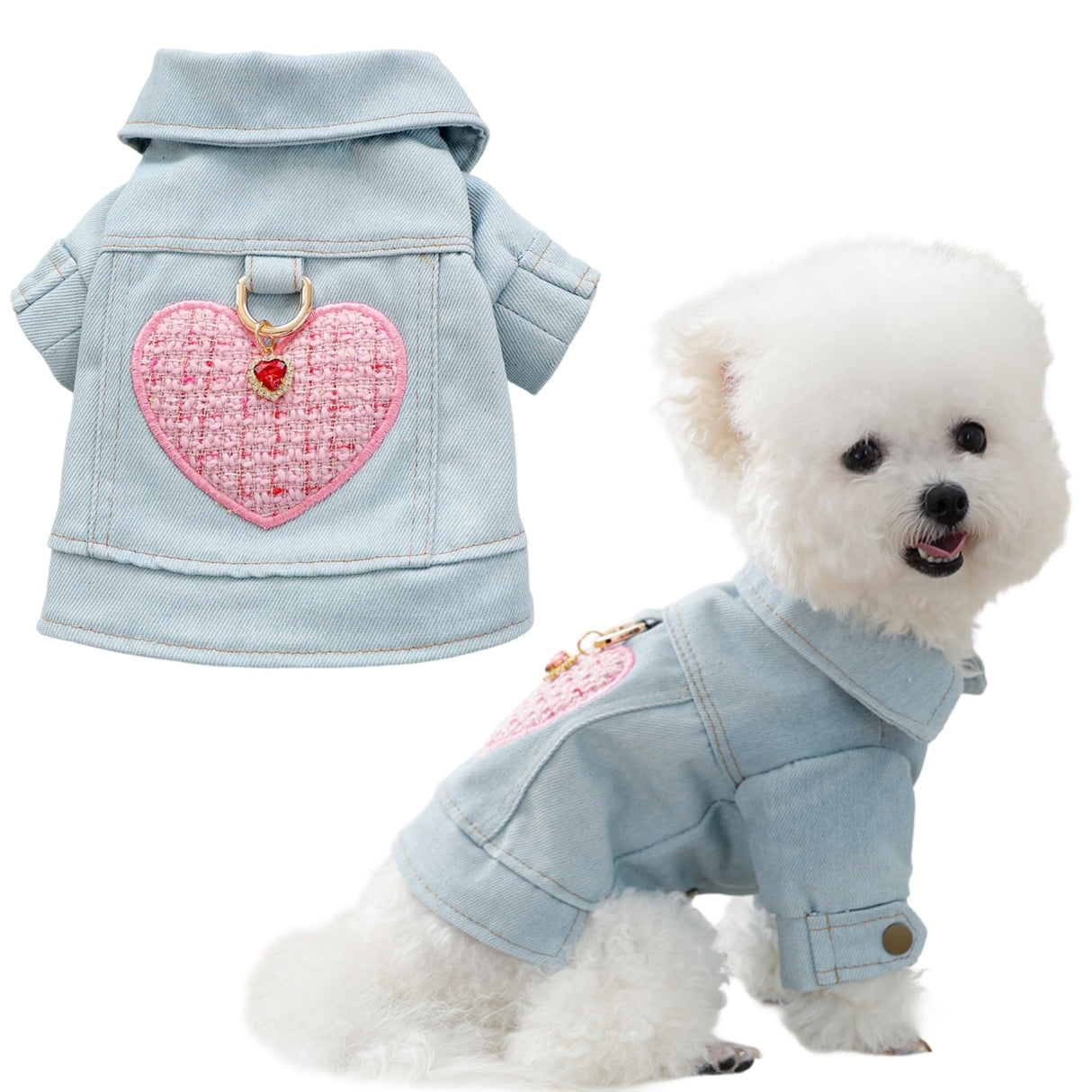 Love Hearts Dog Denim Jacket Clothes Pet Outfits Vest Jean Princess Puppy Jumpsuit Doggy Costume (Blue & Pink, X-Small)