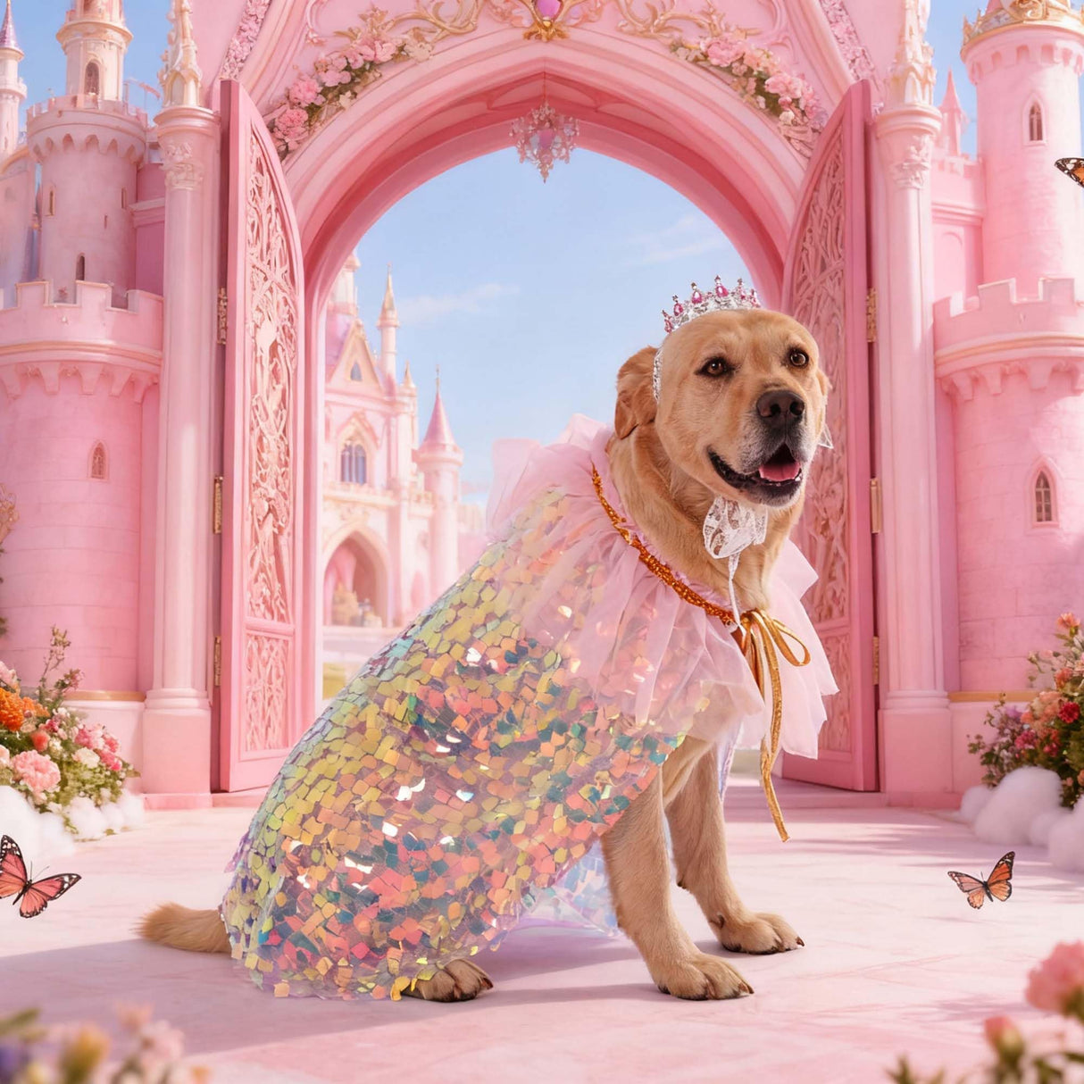 FLAdorepet Dog Princess Dress Costume with Rhinestones Crown,Pet Cat Cape Cloak Birthday Party Wedding Dress Up Outfits,Rainbow Mermaid Halloween Costume Clothes for Small Medium Large Dogs, Large
