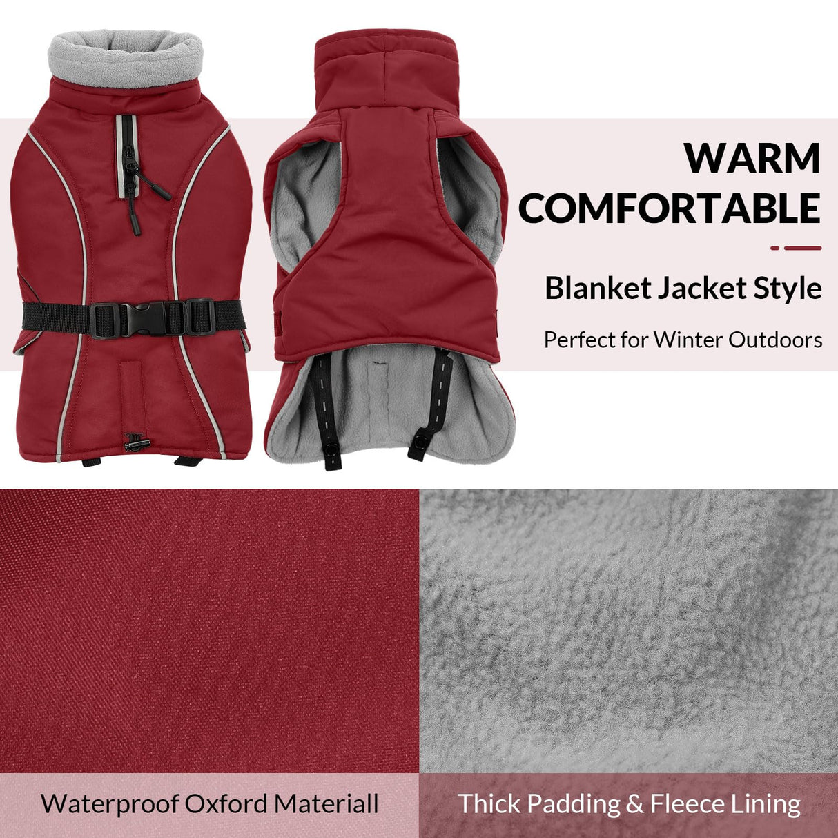 Queenmore XL Dog Coat, Winter Dog Jacket for Large Dogs, Waterproof Puffy Dog Snowsuit, Adjustable Reflective Fleece Lining Warm Padding Parka for Cold Weather, Red XL