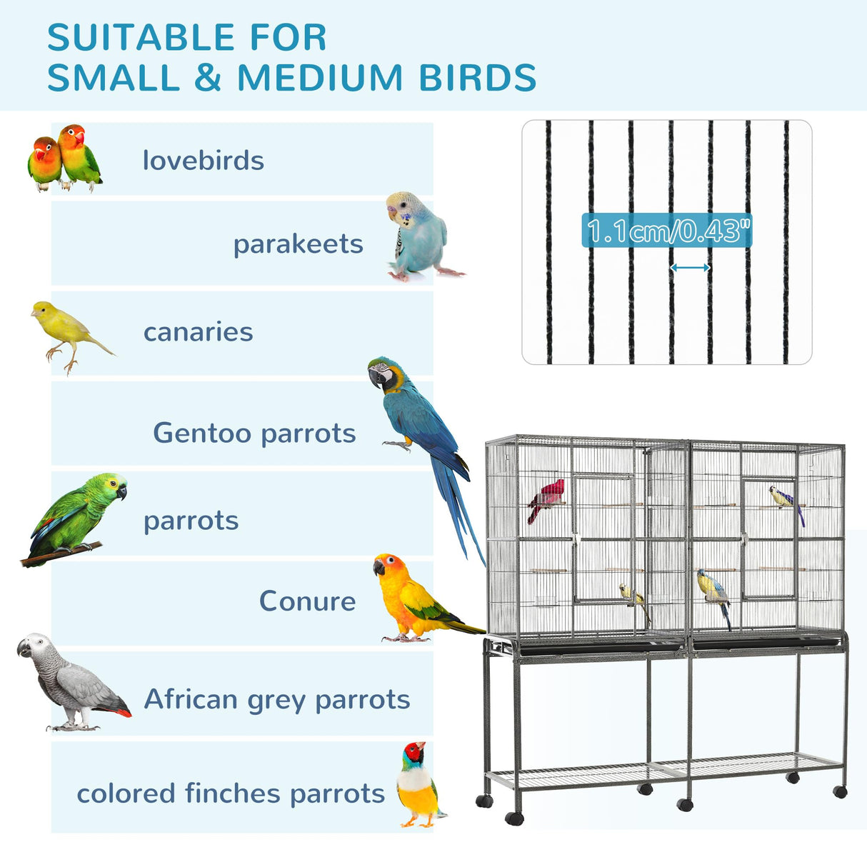 PawHut 65" Double Rolling Metal Bird Cage with Divider, Large Parrot Cage for Parakeet, Canaries, Lovebirds, Budgie, Finch, with Detachable Rolling Stand, Storage Shelf, Wood Perch & Food Container