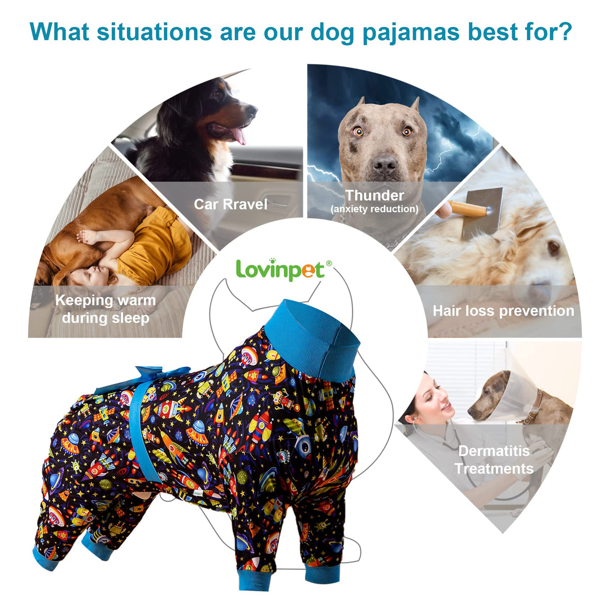LovinPet Large Dog Pajamas, Post Surgery Recovery Shirt, Stretchy Fabric, Aim for The Moon Flannel Navy Print, Anti Licking, Easy Wear Dog Jammies,Black Blue M