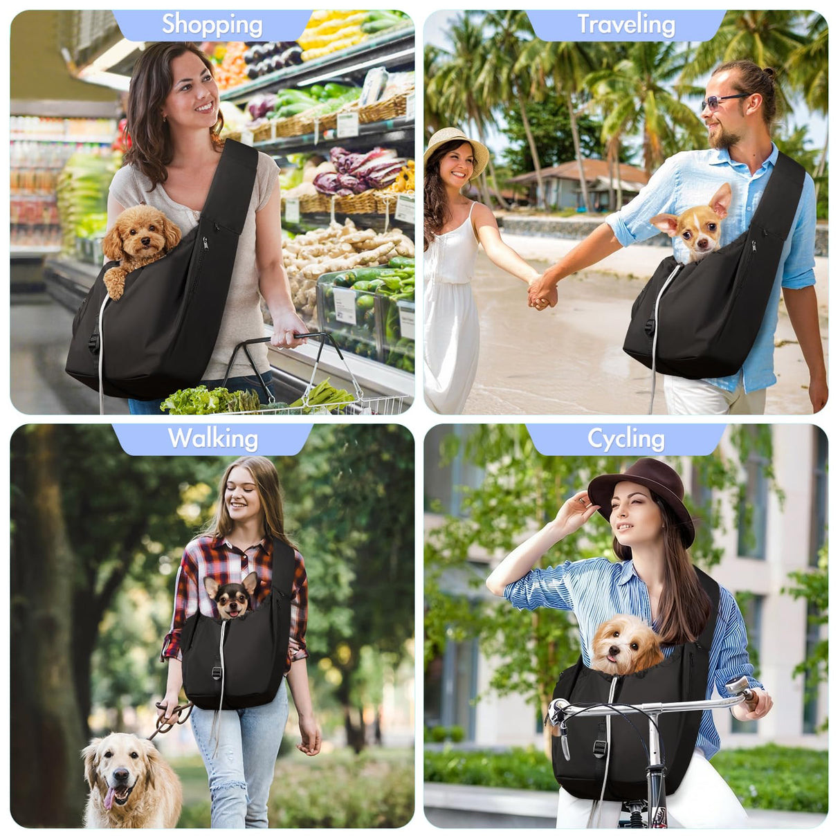 Creproly Dog Carrier Sling, Dog Carriers for Small Dogs & Cats with Pockets, Puppy Carrier Sling 15 lbs Machine Washable, Adjustable Shoulder Strap, Hands Free for Family Outdoor Use (Black)