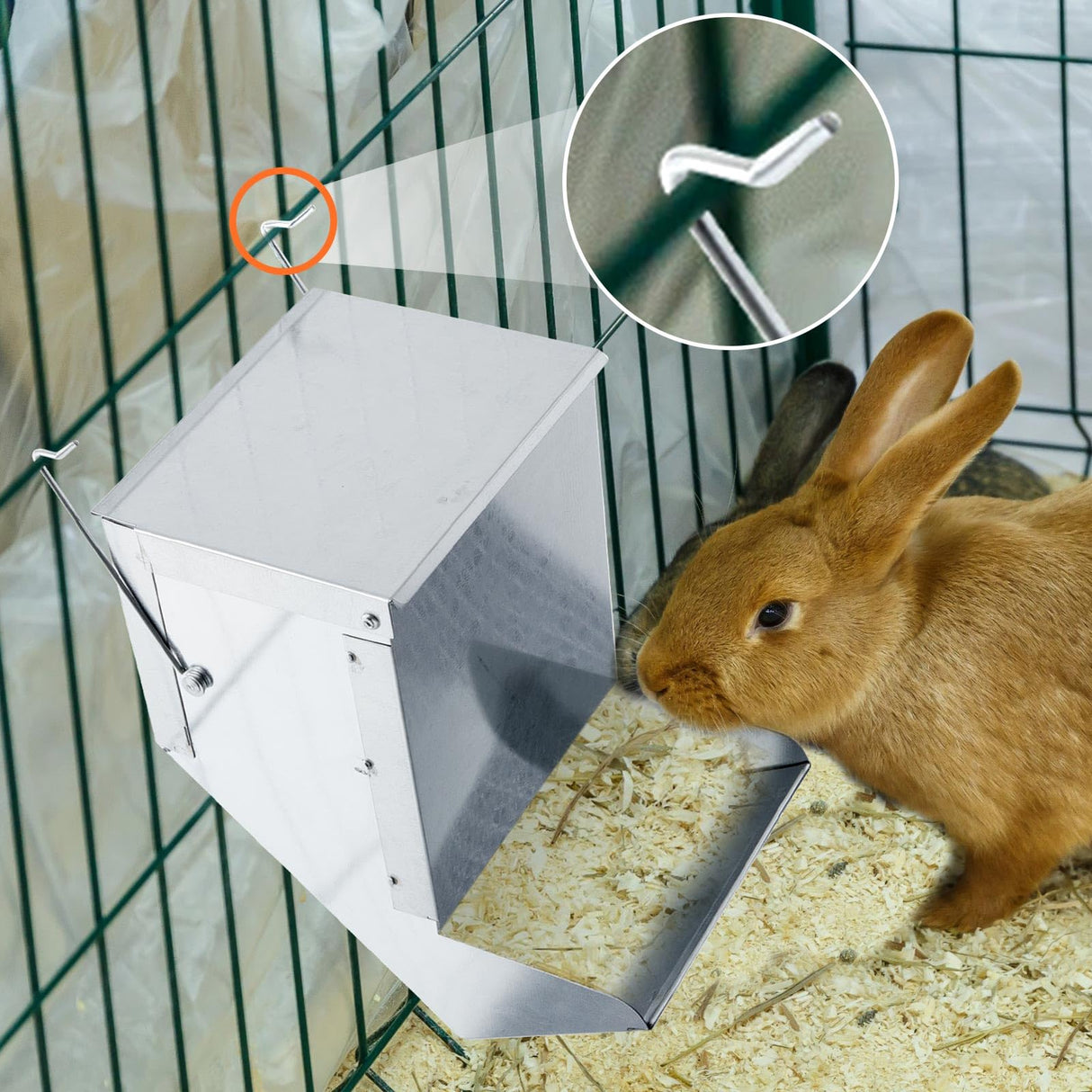 Maxcheck 2 Pcs Rabbit Feeder for Cages Small Animal Food Dispenser with Lid Metal Chicken Grit Oyster Shell Feeders Outside(4.7 Inches,Mesh Bottom,Silver)