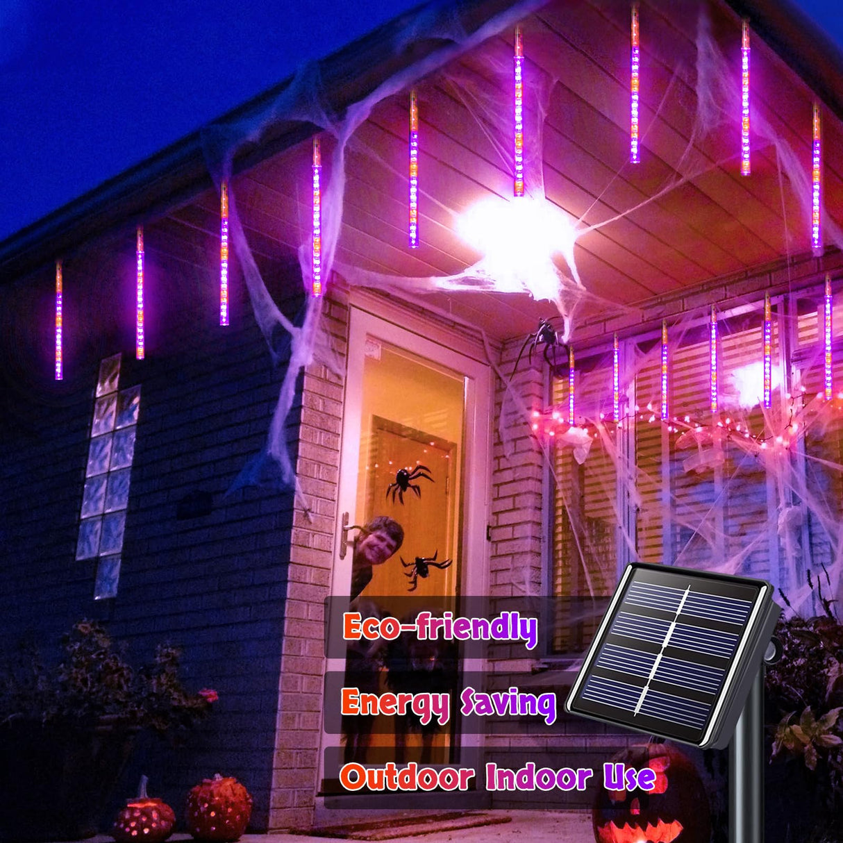 JMEXSUSS Orange and Purple Solar Halloween Lights Outdoor, 8 Tube 144 LEDs Solar Meteor Shower Rain Lights for Halloween Tree Yard Party Patio Christmas Decoration