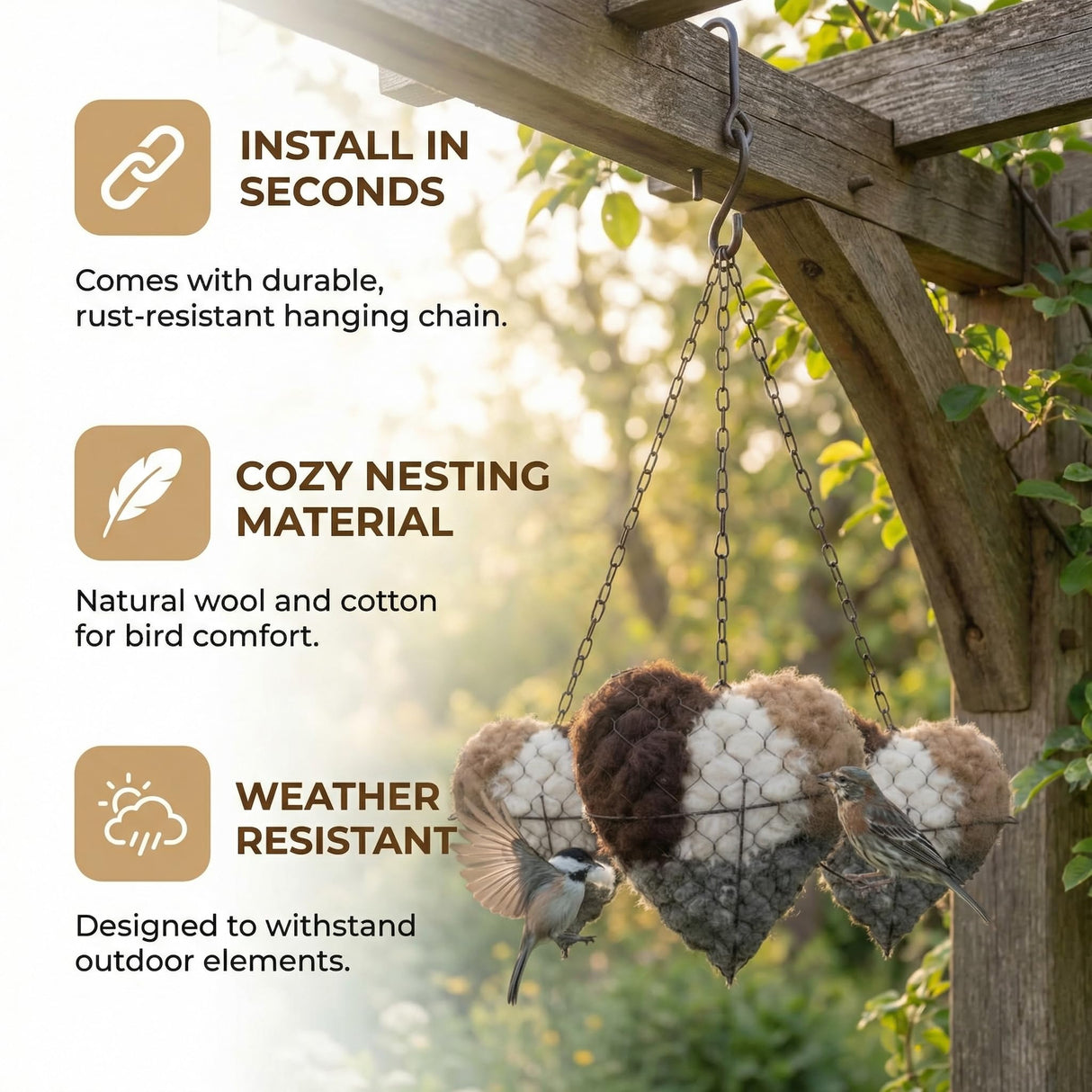 YINGBALHL Handmade Alpaca Fiber Bird Nesting Heart – Refillable Bird Haven with 2 Nesting Material Refill Bags – Eco-Friendly Hanging Nest for Hummingbirds & Wild Birds, Garden & Yard Décor (1Set)