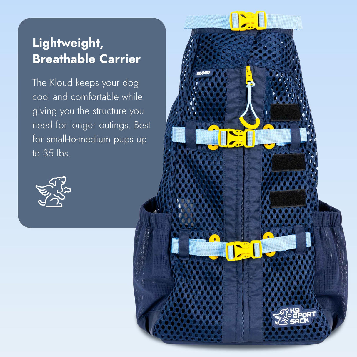 K9 Sport Sack Kloud - Medium, Blue - Ideal for Dogs with 17-19” Back Length - Ultra-Light Mesh Backpack Carrier with Inflatable Frame