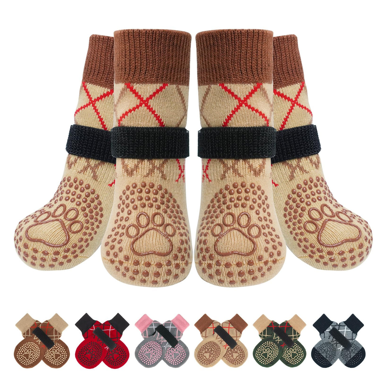 BEAUTYZOO 6PCS Dog Socks to Prevent Licking Paws, Anti Slip Dog Shoes for Hot Pavement Hardwood Floors, Traction Control Toe Grips Boots & Paw Protectors for Small Medium Large Senior Dogs, Khaki XL