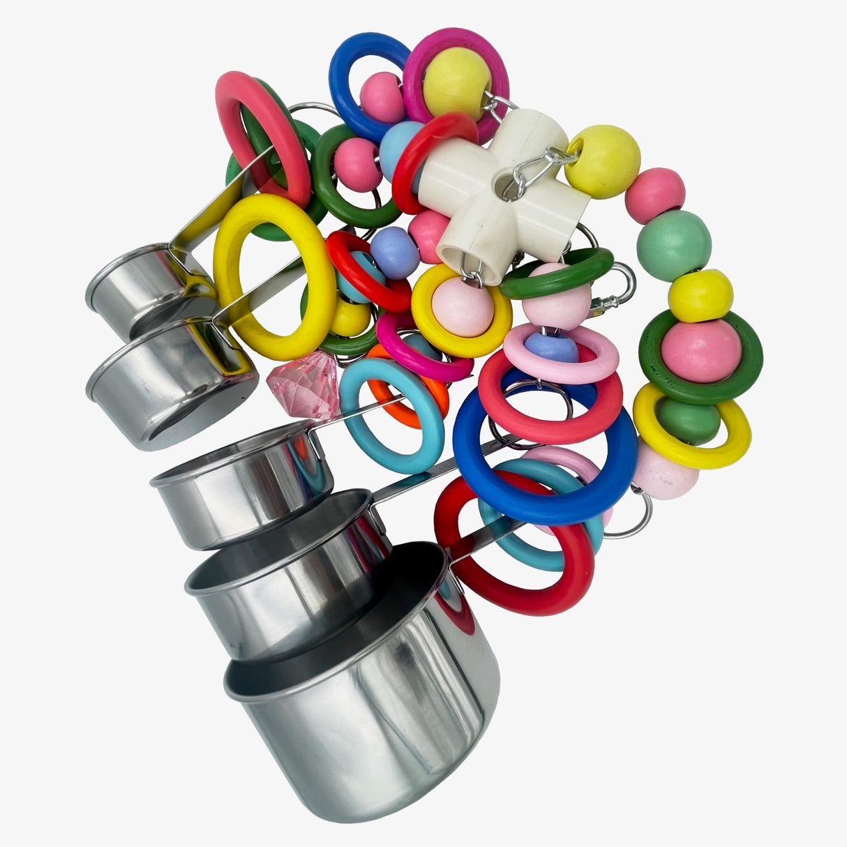GILYGI Metallic Pots and Multicolored Ring Strings Toys, Pullable 5 Stainless Steel Cups and Wooden Ring Toys for Large and Extra Large Parrot Amazons Macaws African Greys Cockatoos Eclectus