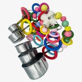 GILYGI Metallic Pots and Multicolored Ring Strings Toys, Pullable 5 Stainless Steel Cups and Wooden Ring Toys for Large and Extra Large Parrot Amazons Macaws African Greys Cockatoos Eclectus