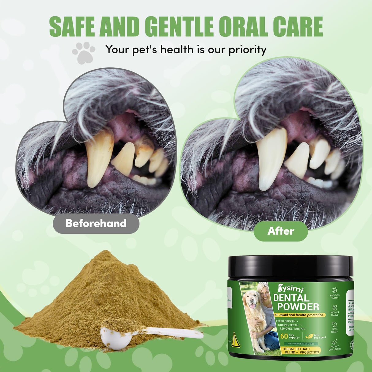 Dog Dental Powder, Dog Teeth Cleaning Powder, Dog Tartar and Remover with Probiotics and Natural Herbal Blend of All Breeds and Ages Mint -150 Grams