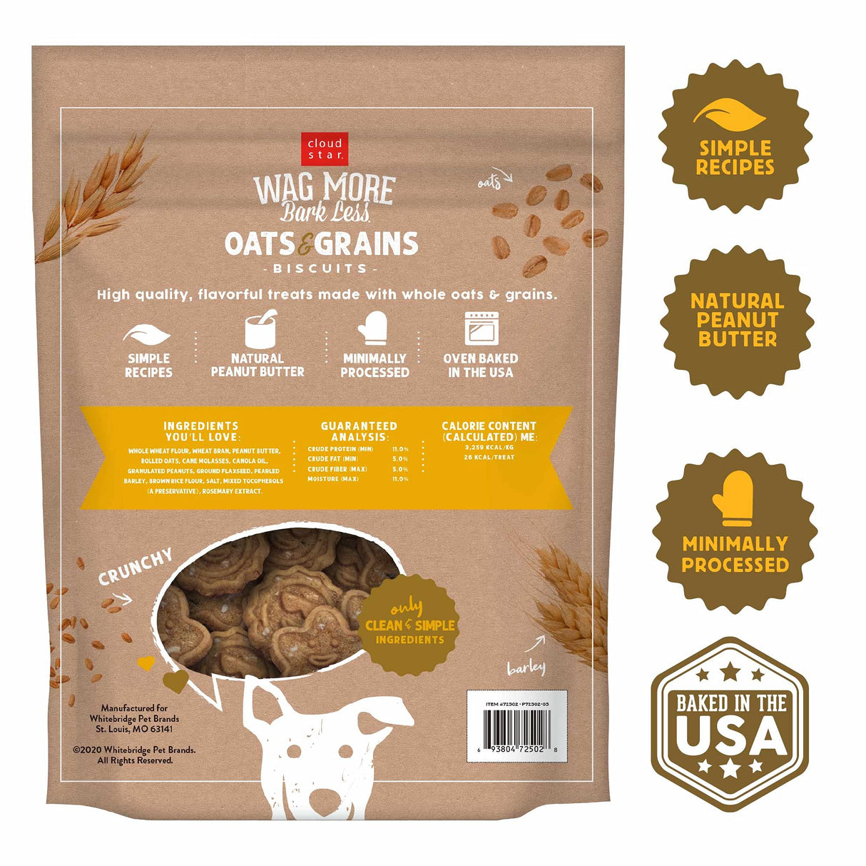 Cloud Star Wag More Bark Less Oats & Grains Crunchy Dog Treats, Peanut Butter, 3 lbs. Bag