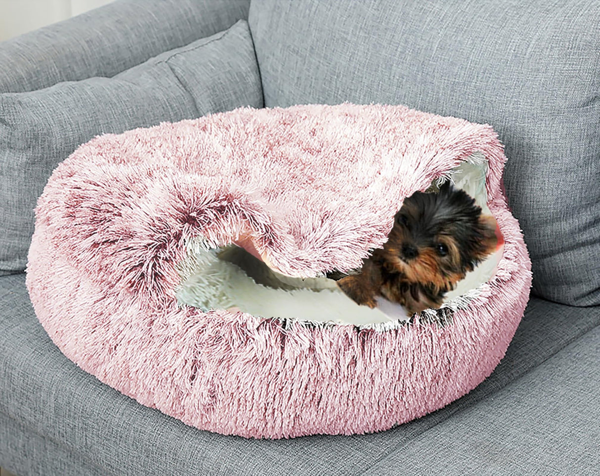 NTUQCAW Dog Cave Bed for Small Dogs Cats Pets, Anti Anxiety Calming Plush Dog Beds, Fluffy Covered Hooded Cozy Burrow Puppy Beds, Anti-Slip Bottom Washable Pet Sleeping Bag (20" D, Pink)