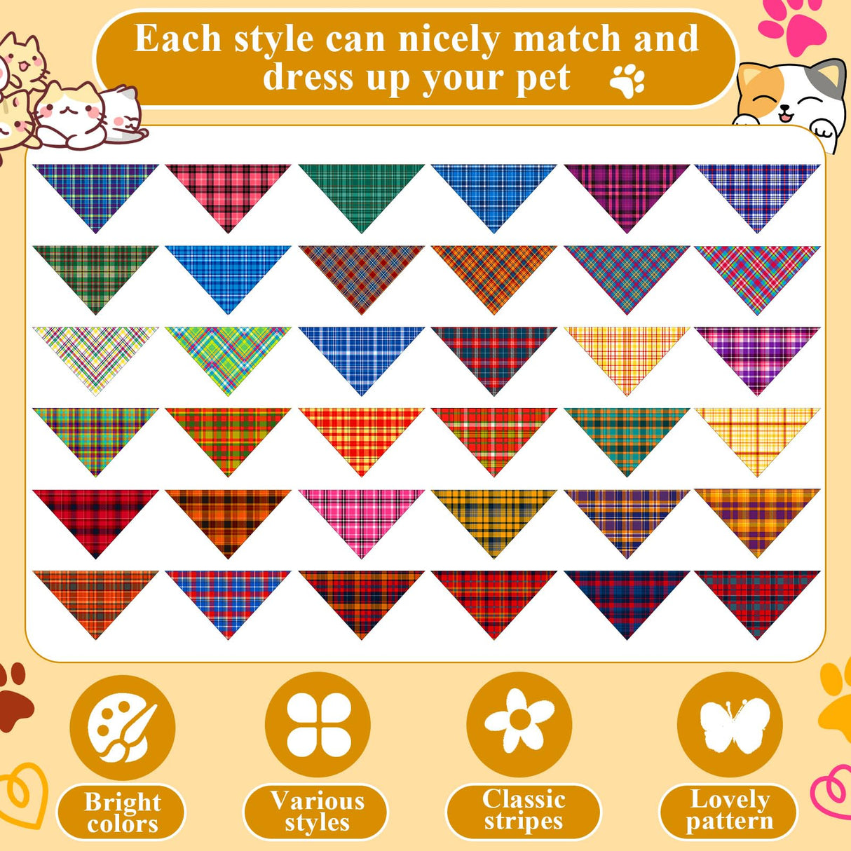 Bunnycool 72 Pcs Plaid Dog Bandanas Bulk Triangle Scarf Cat Bibs Puppy Scarf Stripe Bandanas for Puppy Cat Birthday Party Costume