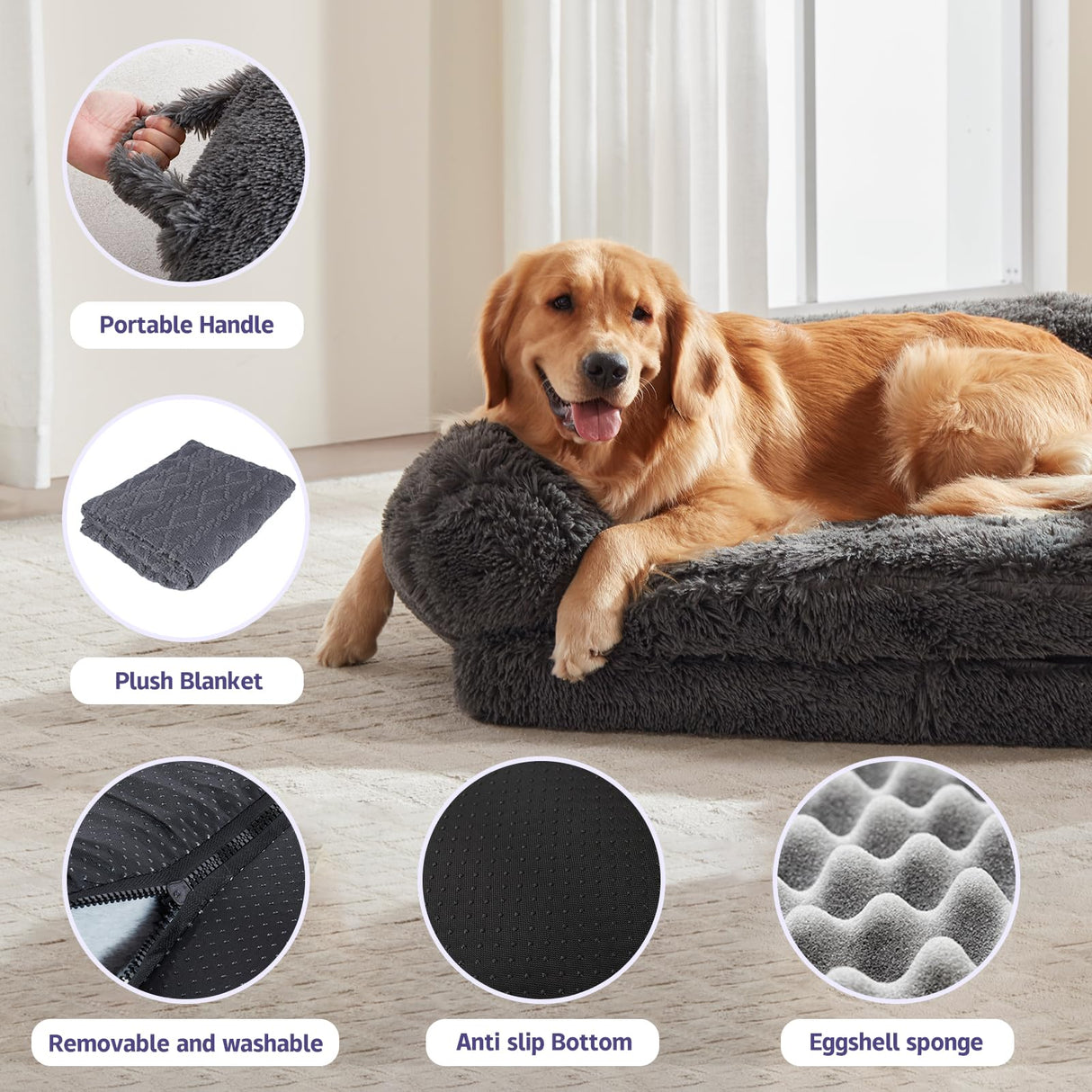 Foldable Man Dog Bed, Orthopedic Memory Foam Man Size Dog Bed, Large pet Bed, Artificial Fur Adult pet Sofa, Gray, 71 "x41 x12“