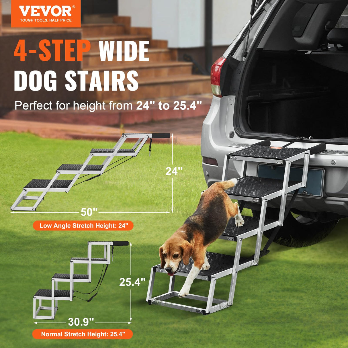 VEVOR 4-Step Dog Car Steps, Folding Dog Ramp with Nonslip Surface, Portable Pet Steps in Aluminum for Car, SUV and Truck, Supports up to 250 lbs