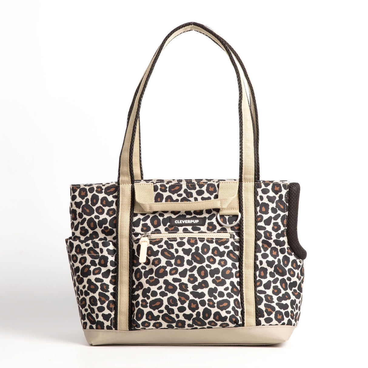 Cleverpup Transit Tote Dog Carrier for Small Dogs up to 8 lbs, 16x11x8 Soft-Sided 4-Pc Set with Waterproof Base, Plush Insert, Food Pouch, Mesh Head Opening - Small, Leopard
