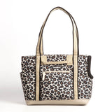 Cleverpup Transit Tote Dog Carrier for Small Dogs up to 8 lbs, 16x11x8 Soft-Sided 4-Pc Set with Waterproof Base, Plush Insert, Food Pouch, Mesh Head Opening - Small, Leopard
