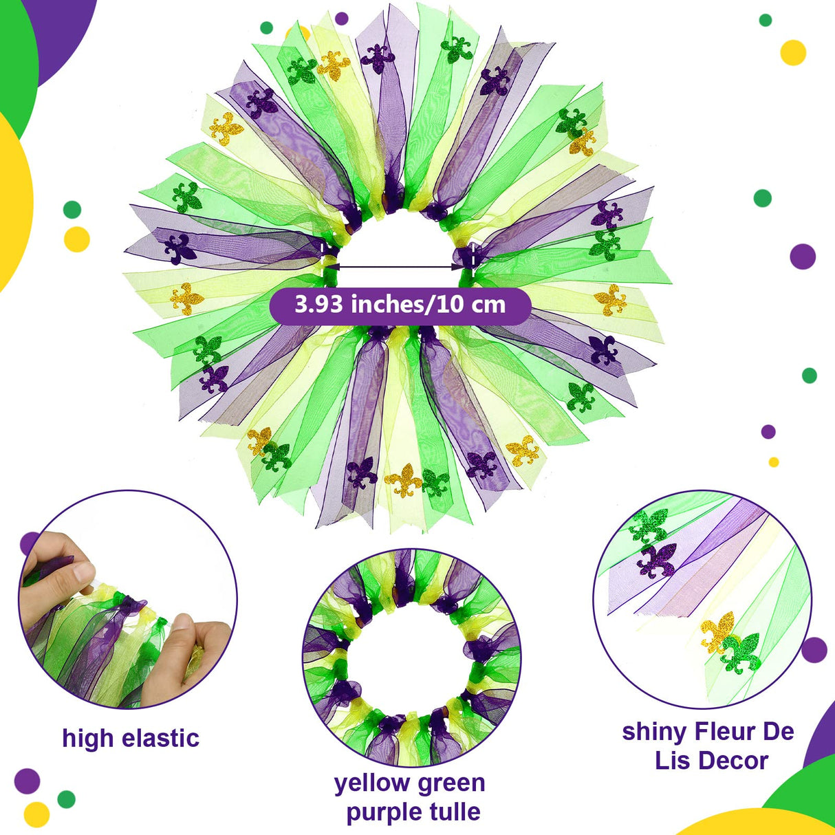 3 Pieces Girl Dog Costume Mardi Gras Tutu Skirt and Fleur De Lis Feather Headband Fancy Collar for Puppy Dog Costume Decorations Supplies, Purple, Green, Yellow (Small)