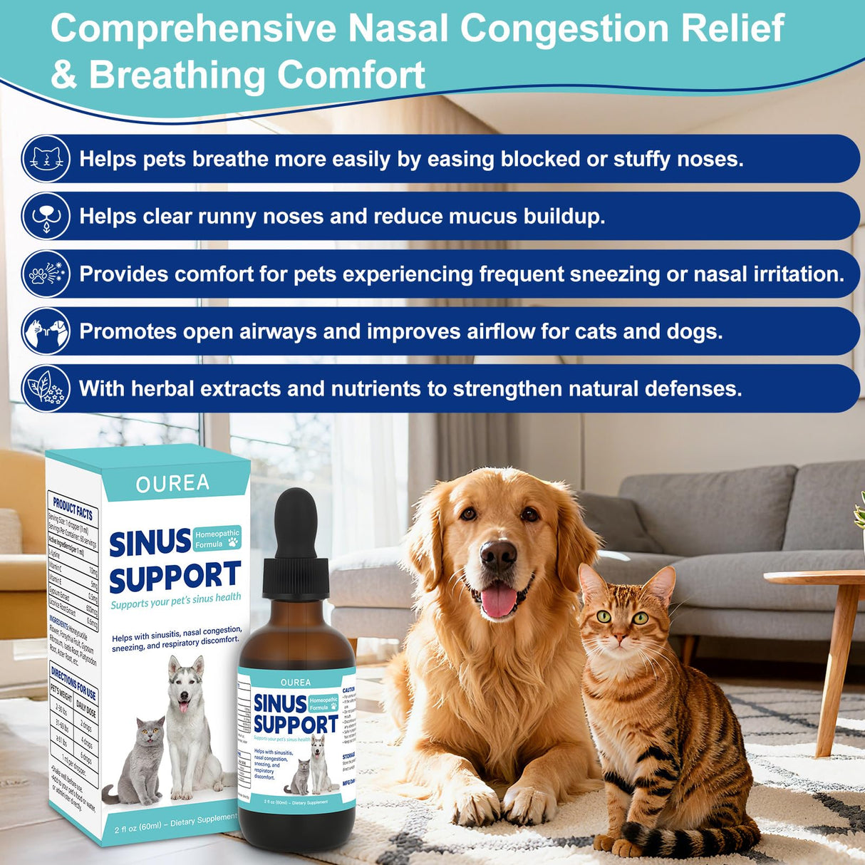 Nasal Congestion Relief Drops for Cats and Dogs, Sinus Support Supplement for Pets, Helps with Sneezing Runny Nose & Respiratory Comfort, Cat Dog Sinus Relief for Supports Clear Breathing