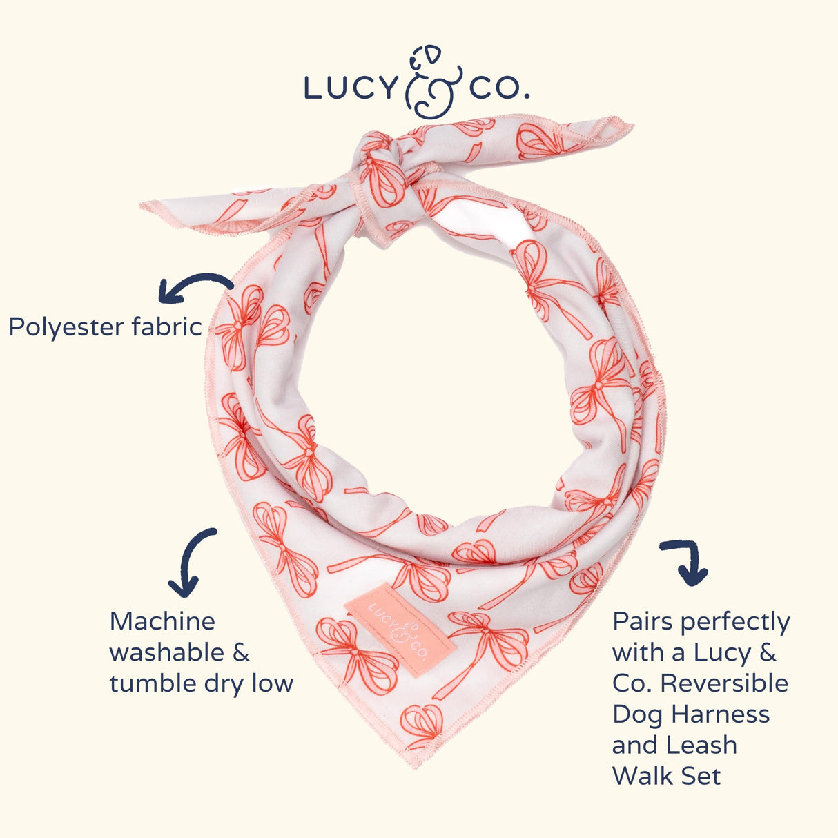 Lucy & Co. Ballet Bows Bandana - Durable Comfortable Dog Bandana - Machine Washable - Designer Puppy Accessory - Large White & Pink Bows