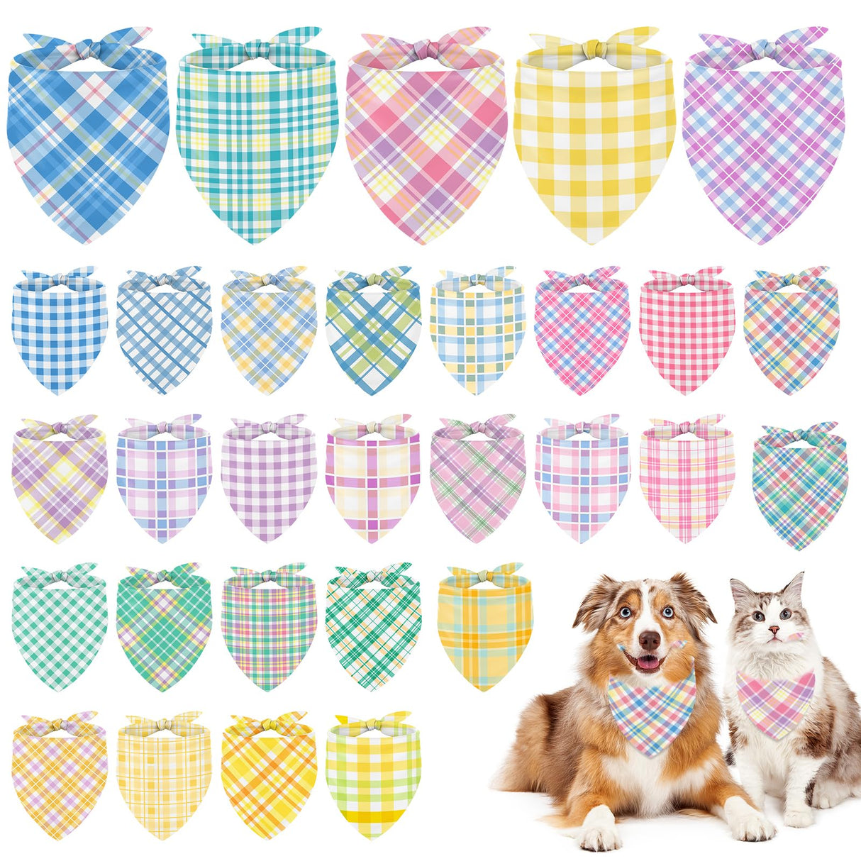 JarThenaAMCS 60Pcs Easter Spring Dog Bandana Pastel Plaid Triangle Pet Scarf Adjustable Puppy Neckerchief Colorful Dog Bib for Summer Medium Large Cat Costume Accessories