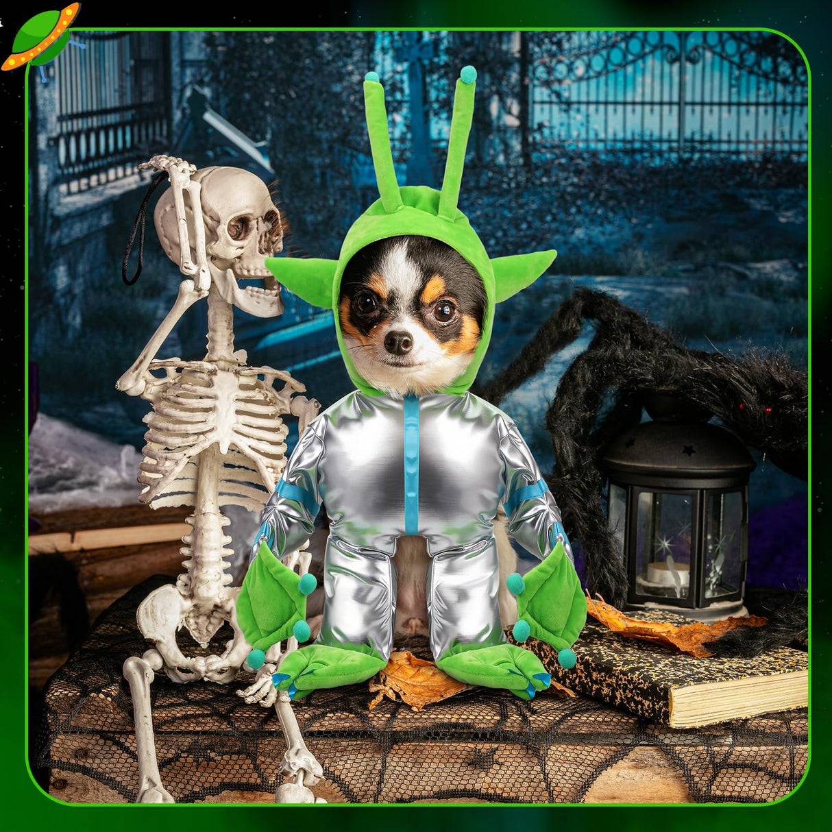 Huhumy Green Alien Costume for Small Dog, Medium Dog Halloween Astronaut Outfits Alien Pet Costume Cute Hooded with Reflective Outfits for Puppy Kitten Halloween Cosplay Party(M)