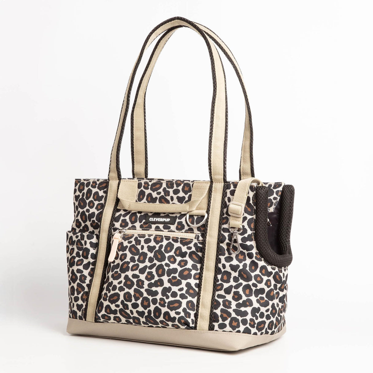Cleverpup Transit Tote Dog Carrier for Small Dogs up to 8 lbs, 16x11x8 Soft-Sided 4-Pc Set with Waterproof Base, Plush Insert, Food Pouch, Mesh Head Opening - Small, Leopard